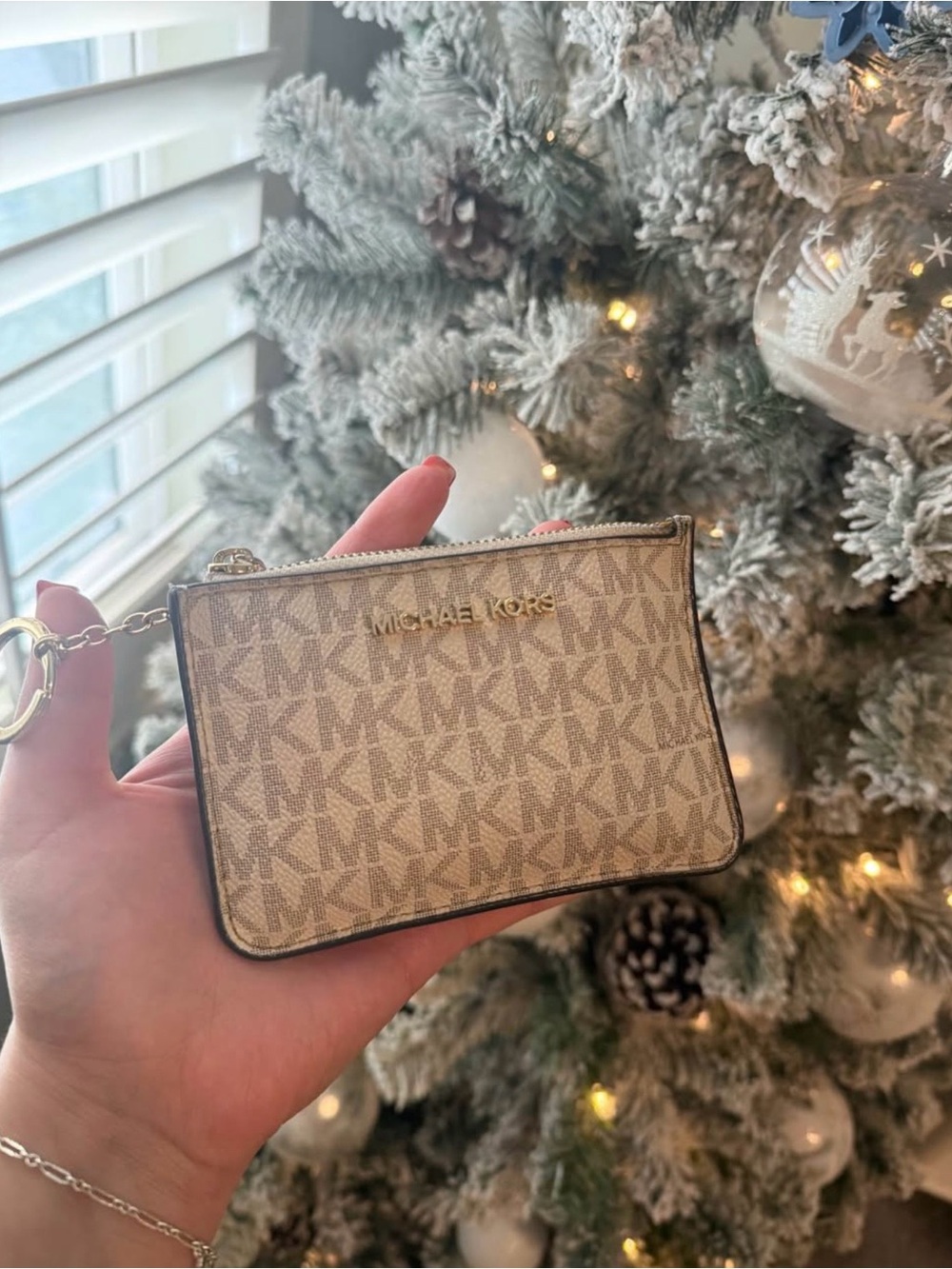 Michael Kors Beige Signature MK Zip Card Pouch with Key Ring